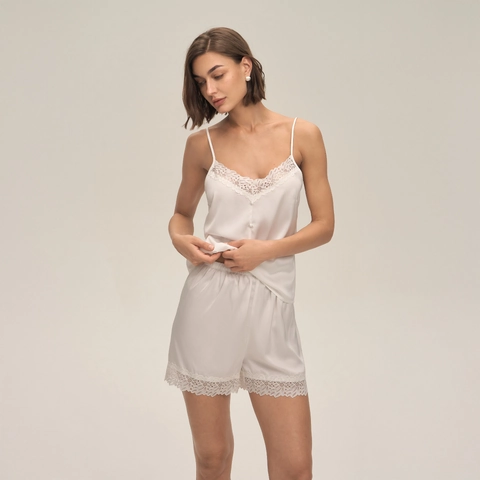 Set Pigiama Donna in Raso con Pizzo Scollo a V Canotta con Spalline Sottili e Pantaloncini Intimo da Notte Loungewear