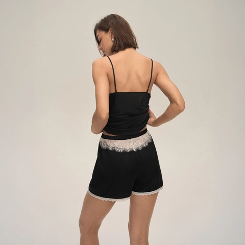 Damen Satin Schlafanzug-Set Spitzenbesatz Top Und Shorts Zweiteiler Sexy Lingerie Bequem V Ausschnitt Nachtwäsche Homewear