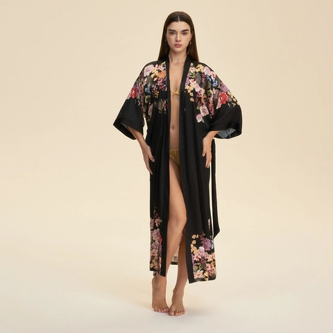 Vestaglia da Donna in Raso con Stampa Floreale Kimono Manica Lunga Scollo a V Abbigliamento da Casa con Cintura