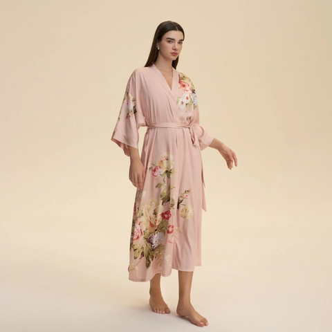 Women Satin Long Robe Floral Print Kimono Nightgown Luxurious V Neck Sleepwear With Belt Elegant Soft Loungewear Bathrobe
