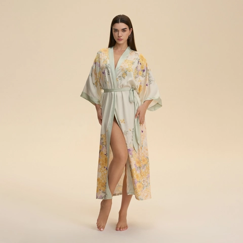 Eleganter Damen Satin Chiffon Kimono Schlafrock Mit Blumendruck V-Ausschnitt Lange Nachtwäsche Morgenmantel Hausmantel