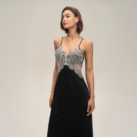 Camisón de Satén Sexy para Mujer con Retazos de Encaje Tirantes Finos Espalda Descubierta Cuello en V Vestido Largo