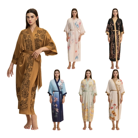 Eleganter Damen Satin Chiffon Kimono Schlafrock Mit Blumendruck V-Ausschnitt Lange Nachtwäsche Morgenmantel Hausmantel
