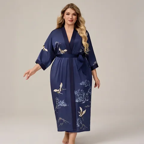 Damen Plus Size Satin Bademantel Kimono Schlafanzug Lang Blumendruck Nachtwäsche Kranich Lotus Muster V-Ausschnitt Lounge-Kleidung Gegürteter Hausmantel