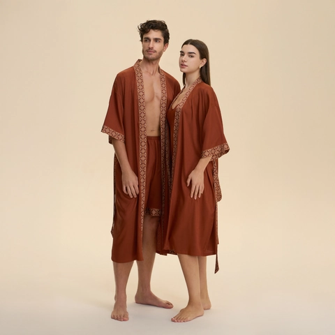 Paar Satin Nachthemd Bademantel Und Shorts Ethno Geometrischer Druck V-Ausschnitt Halbarm Lockerer Loungewear Für Damen Herren Home Hotel
