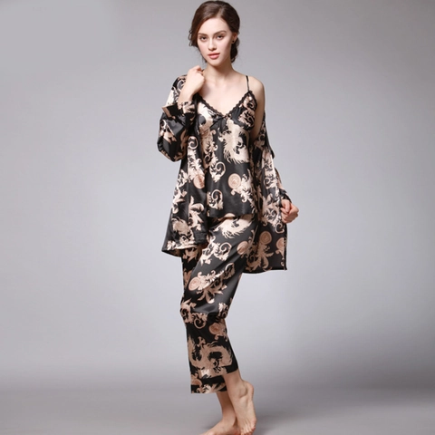 Set Pigiama in Satin Vintage Donna Stampa Drago Barocco Vestaglia E Canotta E Pantaloni Loungewear Abbigliamento da Notte