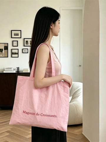 Bolso Tote De Lona De Gran Capacidad Estilo Francés Estampado De Letras Bolso De Hombro Para Compras Con Bolsillo Interior Con Cremallera Para Mujeres