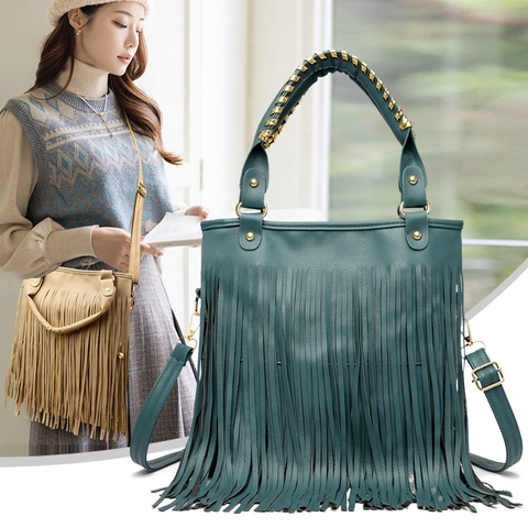 Women PU Leather Tassel Shoulder Bag Bohemian Large Capacity Crossbody Handbag With Gold Chain And Rivets
