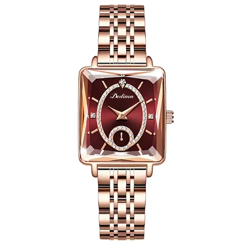 Montre À Quartz Élégante Pour Femmes Cadran Rectangulaire Incrustation De Strass Petite Seconde Lumineuse Bracelet En Cuir