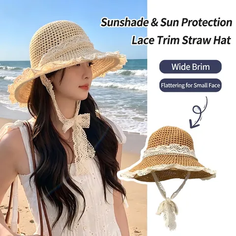 Cappello Di Paglia Da Donna Cappello Da Sole Pizzo Nastro Traspirante Tesa Larga Spiaggia Vacanza Estate Elegante
