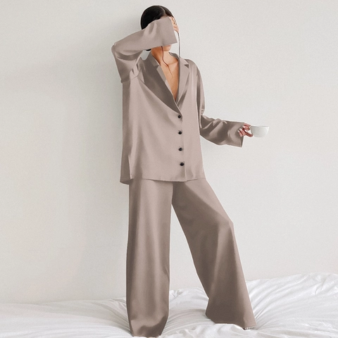 Women Faux Silk Satin Pajamas Long Sleeve Top And Bottom Loungewear Loose Ice Silk Sleepwear For Spring Summer Fall Winter