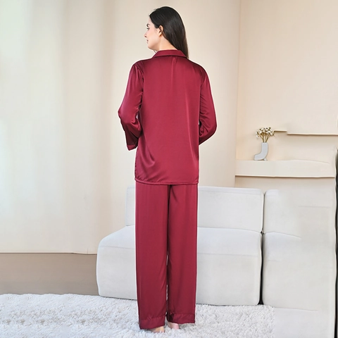 Pijama de Lujo de Satén para Mujer Top Y Pantalones Manga Larga Cuello de Solapa Rayas Color Sólido Ropa de Dormir Casual