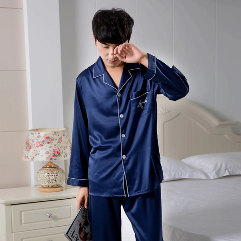 Ensemble Pyjama en Satin pour Homme Manches Longues Boutonné Vêtements de Détente avec Passepoil Contrasté Broderie