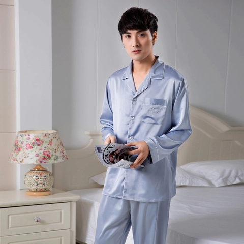 Ensemble Pyjama en Satin pour Homme Manches Longues Boutonné Vêtements de Détente avec Passepoil Contrasté Broderie