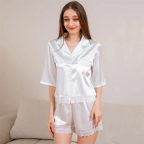 Women Satin Pajama Set Lace Trim Short Sleeve Button Down Top And Shorts Loungewear Sleepwear Soft Satin Pjs Set White