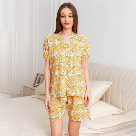 Ensemble de Pyjama en Rayonne pour Femmes Imprimé Floral Grenade Vintage Col en V Manches Courtes Haut et Short Été