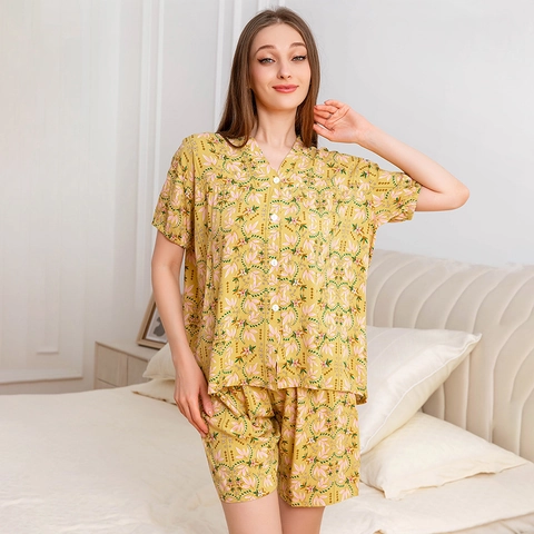 Set Pigiama da Donna in Rayon Giallo Stampa Floreale Foglia Manica Corta Scollo a V Top con Bottoni e Pantaloncini Estate Casual