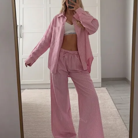 Women Casual Striped Pajama Set Button Down Long Sleeve Top And Pants Comfortable Polyester Sleepwear Loungewear Homewear