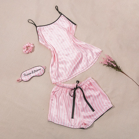 Pigiama Set Donna a Strisce Rosa Bianco in Raso Top Manica Lunga Canotta Pantaloni Pantaloncini Mascherina Elastico Borsa Notte