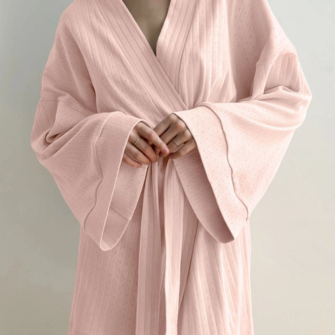Albornoz de Punto Acanalado Informal para Mujer Color Sólido Cuello en V Manga Larga Ropa de Dormir Cómoda con Lazo