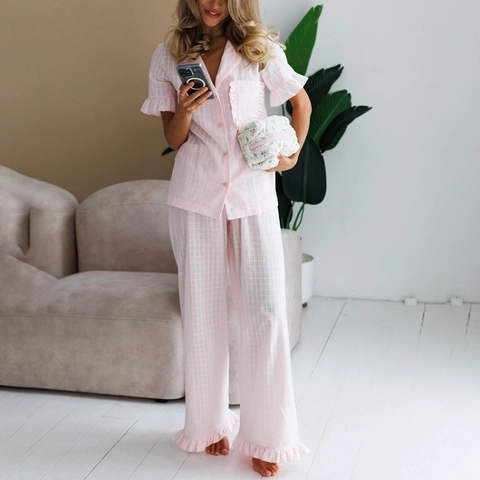 Damen Reiner Baumwolle Schlafanzug Set Gingham Karo Rüschen Kurzarm Top Lange Hose Süße Hausanzug Nachtwäsche