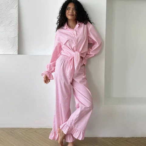 Damen Pink Karo Schlafanzug Oberteil Und Hose Polyester Rüschen Langarm Knopfhemd Pyjamas Casual Loungewear