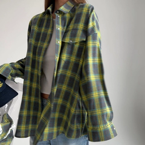Chemisier à Carreaux à Manches Longues pour Femmes Vintage Décontracté Oversized Revers Chemise à Carreaux Polyester Coton Haut à Boutons Poche
