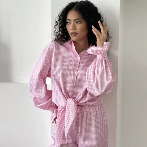 Damen Pink Karo Schlafanzug Oberteil Und Hose Polyester Rüschen Langarm Knopfhemd Pyjamas Casual Loungewear
