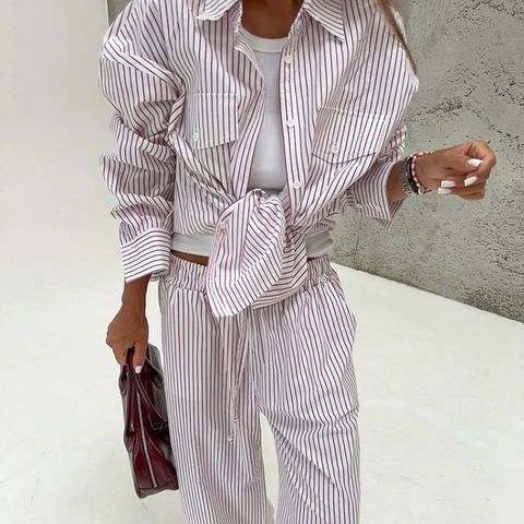 Damen Casual Gestreifte Loungewear Top Und Hose Set Revers Langarmshirt Weite Hose Atmungsaktive Komfortable Schlafanzug
