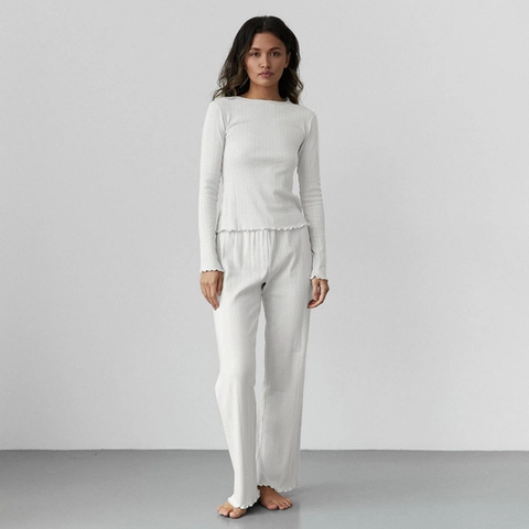 Set Pigiama da Donna Heart Pointelle Bordo a Lattuga Maglia a Costine Top a Maniche Lunghe e Pantaloni Comodo Abbigliamento da Casa