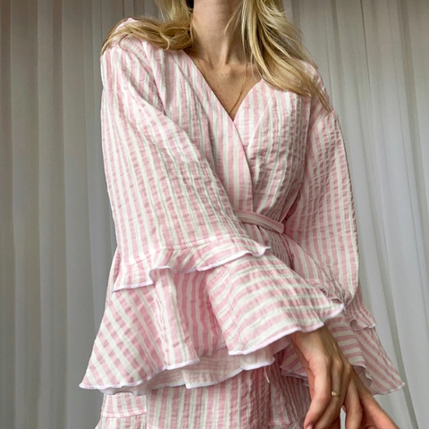 Women Casual Cotton Robe Ruffle Flare Sleeve V-Neck Tie Waist Striped Heart Pattern Pajamas Sweet Loungewear Bathrobe