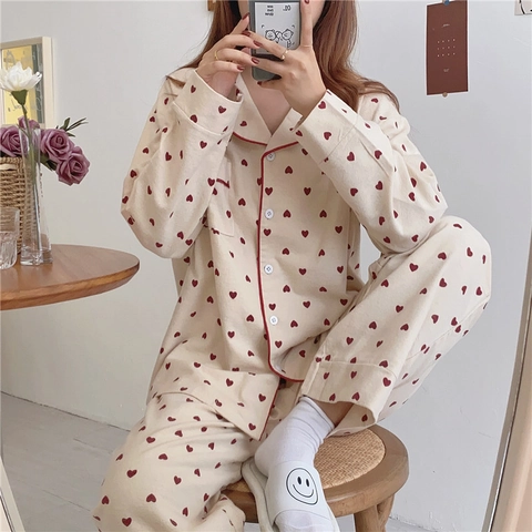 Süßer Herz-Druck Schlafanzug-Set Für Damen Langarm-Hemd Zum Knöpfen Und Lange Hose Gebürstete Baumwolle Homewear Nachtwäsche