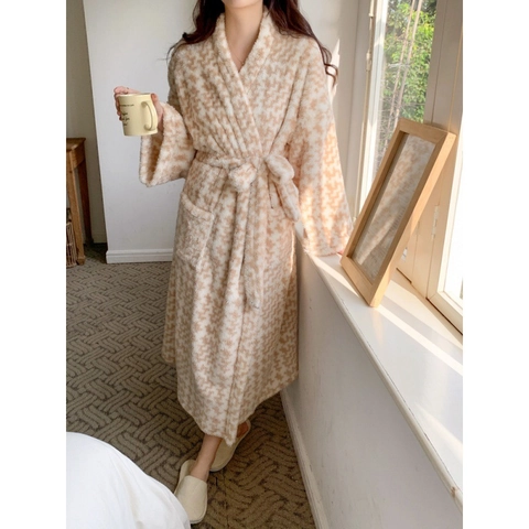 Women Thickened Warm Plush Robe Korean Style Houndstooth Coral Fleece Long Bathrobe Nightgown Homewear With Belt Pockets