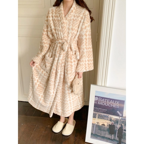 Women Thickened Warm Plush Robe Korean Style Houndstooth Coral Fleece Long Bathrobe Nightgown Homewear With Belt Pockets