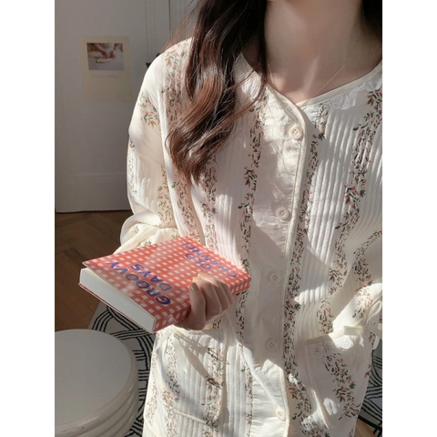 Women Floral Pajama Set Quilted Long Sleeve Button Down Loungewear With Lace Trim Bow Decoration Two Piece Sleepwear