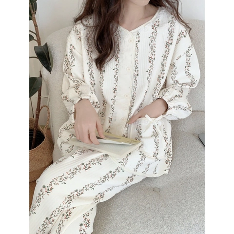 Women Floral Pajama Set Quilted Long Sleeve Button Down Loungewear With Lace Trim Bow Decoration Two Piece Sleepwear