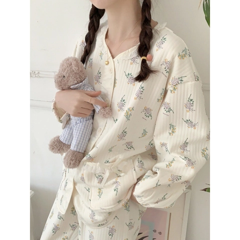 Pigiama da Donna Carino in Cotone ad Aria con Stampa Floreale Manica Lunga con Bottoni Loungewear Caldo Tuta da Casa Invernale