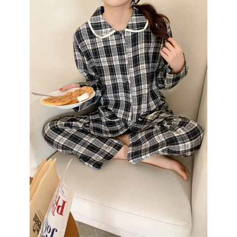 Conjunto de Pijama para Mujer a Cuadros Blancos y Negros Camisa de Manga Larga y Pantalones Largos de Mezcla Algodón