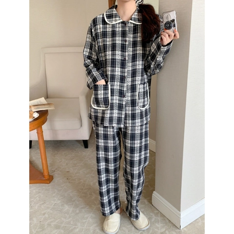 Conjunto de Pijama para Mujer a Cuadros Blancos y Negros Camisa de Manga Larga y Pantalones Largos de Mezcla Algodón
