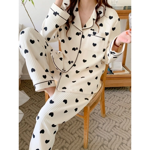 Pijama Grueso con Estampado de Corazón para Mujer Top Y Pantalón Manga Larga Solapa Botones Ropa de Descanso Suave Cálido