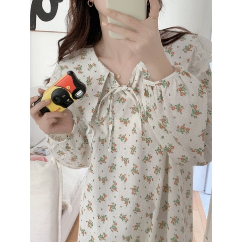 Camicia da Notte da Donna in Cotone Floreale Casual Manica Lunga Pizzo Colletto Peter Pan Stile Mori Comoda Loungewear