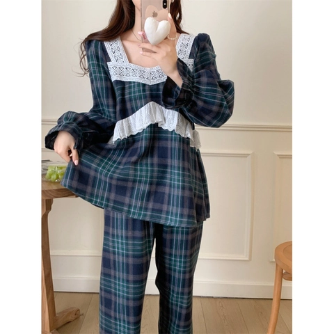 Ensemble Pyjama à Carreaux Doux pour Femmes Manches Longues Patchwork en Dentelle Chemise de Nuit Rétro Vêtements de Nuit pour Filles