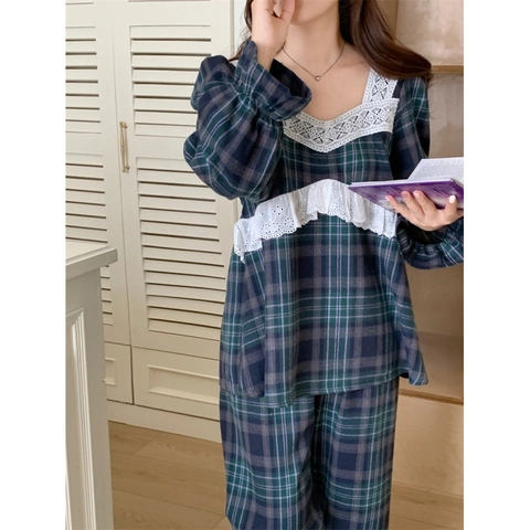 Ensemble Pyjama à Carreaux Doux pour Femmes Manches Longues Patchwork en Dentelle Chemise de Nuit Rétro Vêtements de Nuit pour Filles