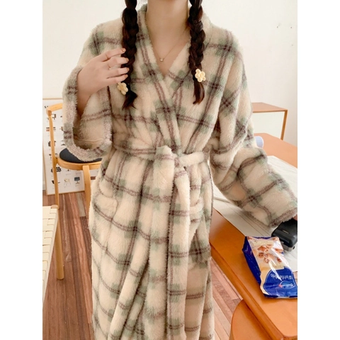 Accappatoio Donna in Pile Corallo Ispessito Lungo Plaid Vestaglia Morbida Calda Abbigliamento da Casa Con Cintura Per Inverno