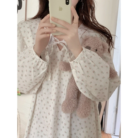 Camicia da Notte da Donna Francese Elegante in Cotone Floreale Manica Lunga Pizzo Revers Dolce Abbigliamento Casa Midi Abito Comodo