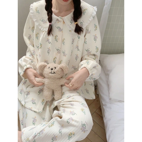 Women Floral Pajamas Set Peter Pan Collar Lace Trim Button Up Quilted Long Sleeve Top And Pants Korean Style Home Wear