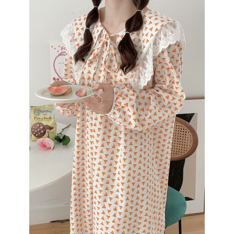 Französisches Süßes Baumwolle Langarm Nachthemd Mit Spitzenkragen Wassermelonen-Druck Herbst Lockere Hauskleid Für Damen