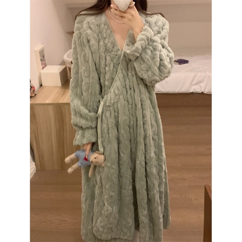 Women Thickened Flannel Robe Nightdress Warm Coral Fleece Loungewear With V-Neck Cable Knit Texture Long Sleeve Waist Tie
