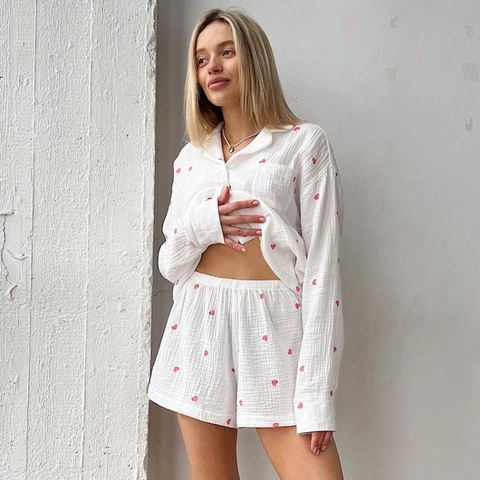 Pigiama da Donna con Stampa a Cuore Camicia a Maniche Lunghe e Pantaloncini in Cotone Mussola Abbigliamento da Casa Casual