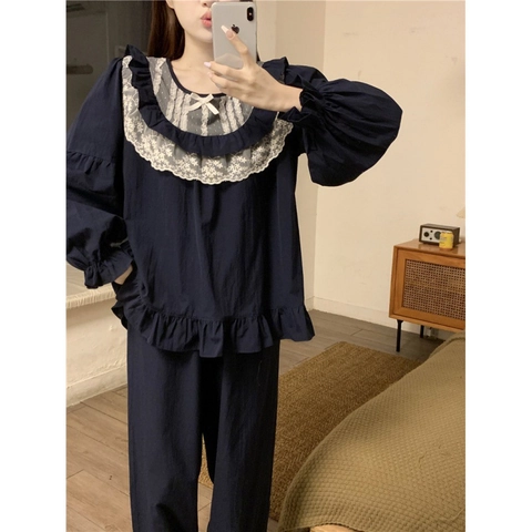 Damen Süß Baumwolle Schlafanzug Spitze Schleife Rundhals Rüschen Oberteil Und Lange Hose Vintage Home Wear Lounge Set Schlafanzug
